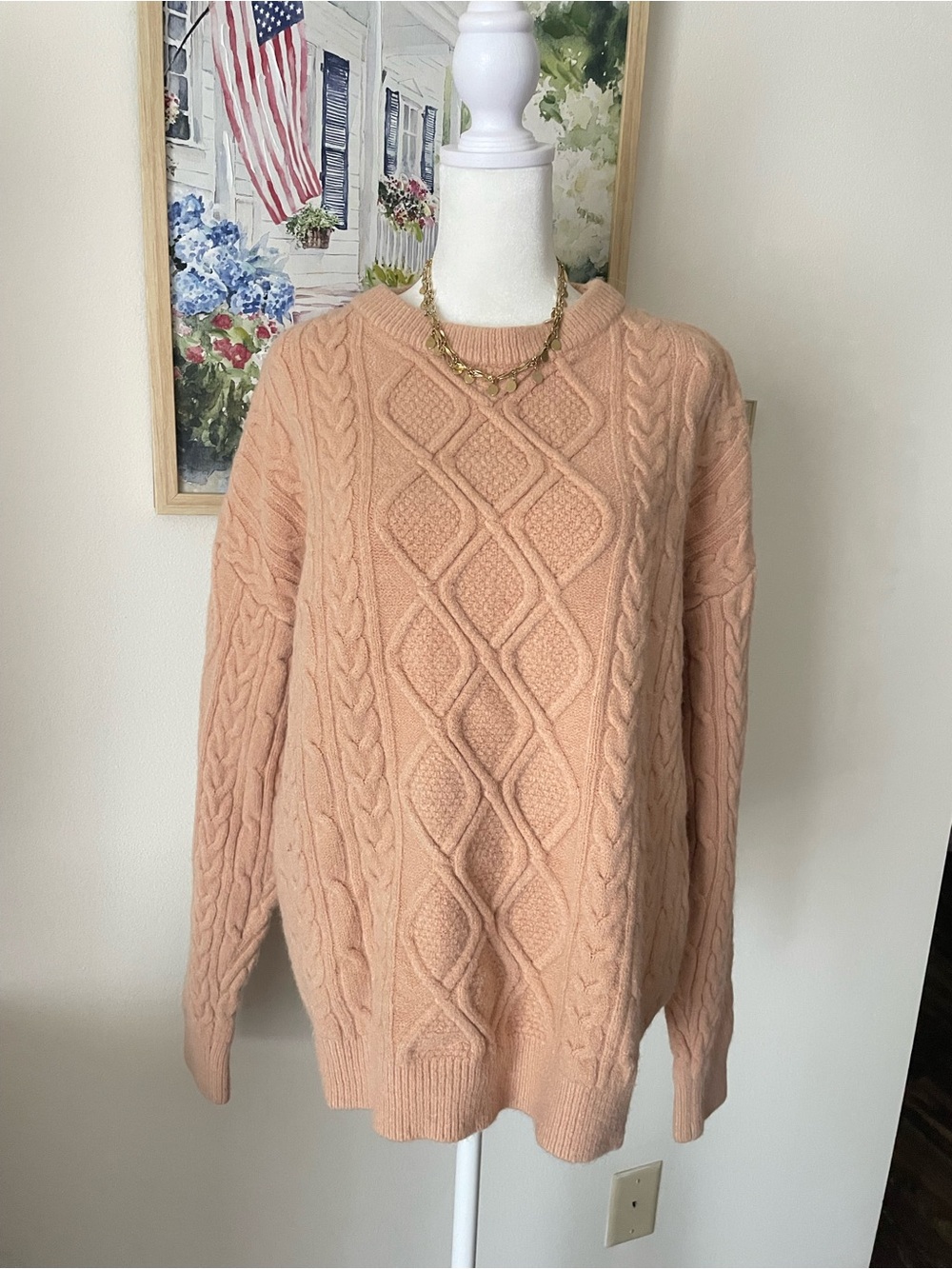 Aelfric Eden Tan Beige Diamond Cable Knit Oversized Pullover Sweater Small